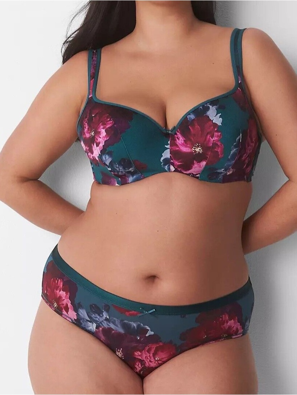 Cacique Smooth Balconette Green Pink Purple Floral Bra Size 42F Boho
